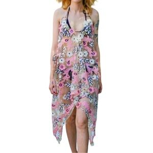 POP Saint Barth Luxury Bohemian Beach dress coverup 🌸 flower appliqué sequins